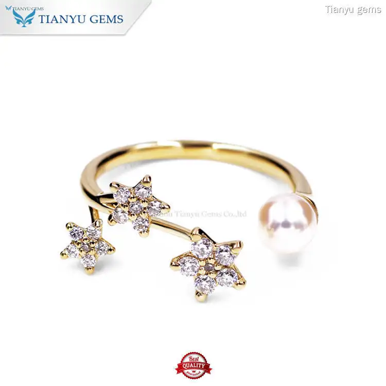 14k Gold Moissanite Pearl Ring - Elegant and Adjustable Size 1