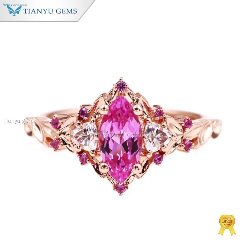 Pink Sapphire Rose Gold Leaf Ring with Moissanite Diamonds 1