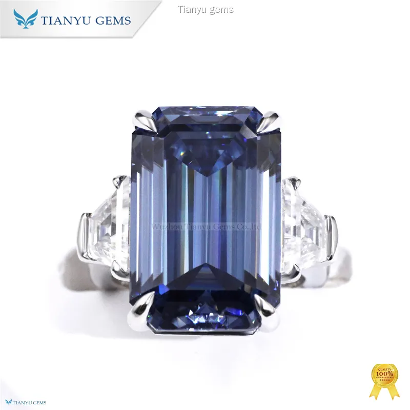 Emerald Cut Blue Moissanite Diamond Ring - Classic 4-Prong Style 1