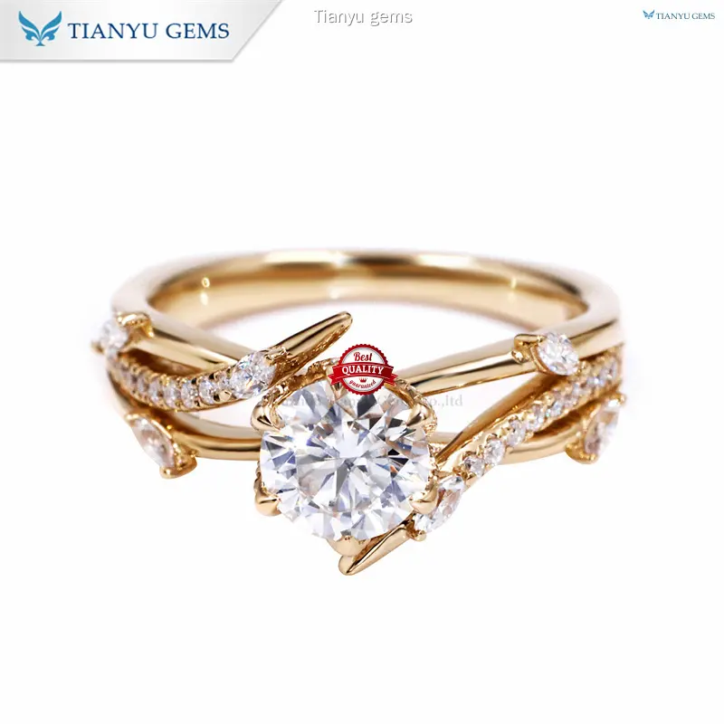 Round Vine Yellow Gold Engagement Ring with Sparkling Moissanite Diamonds 1
