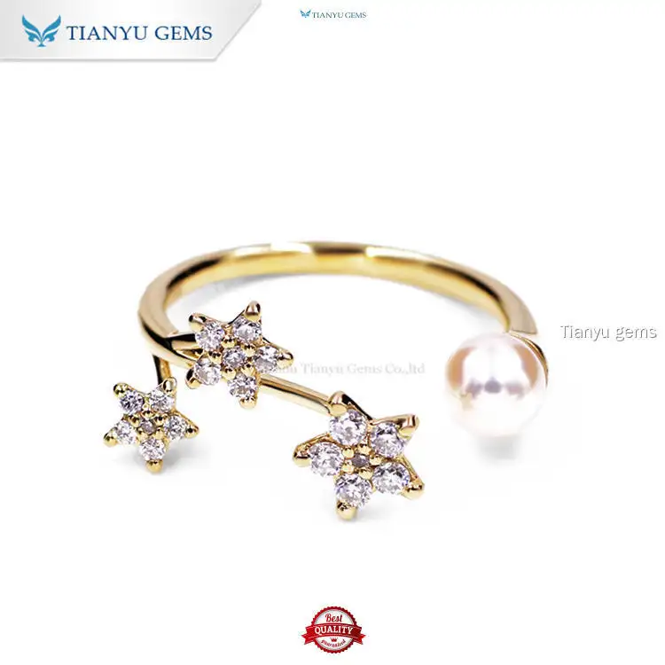 14K Yellow Gold Moissanite Pearl Ring - Elegant & Adjustable 1