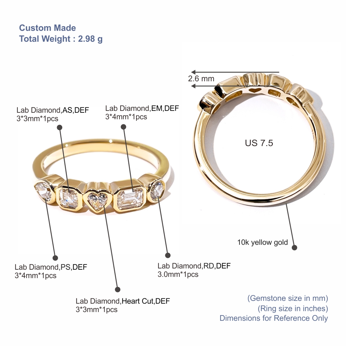 10 karat guldring med flere former og diamanter | Ring med 5 sten i blandet slebet design 8