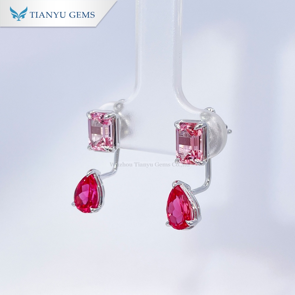 Brincos pendentes em ouro branco 18K com morganita e safira padparadscha 6