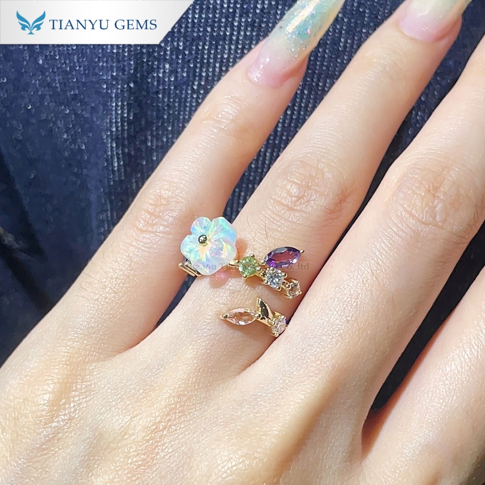 Anel de flor com opala sintética em ouro 18K | OEM e atacado | Tianyu Gems 9