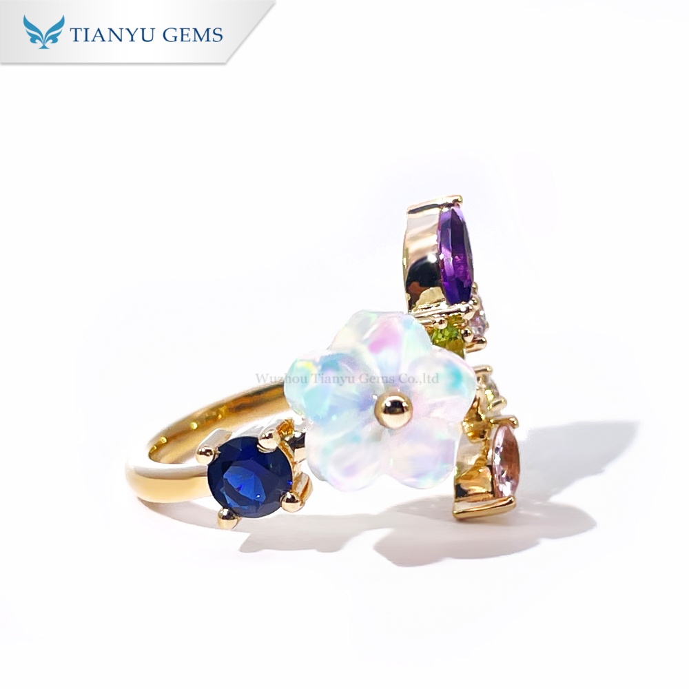Anel de flor com opala sintética em ouro 18K | OEM e atacado | Tianyu Gems 11