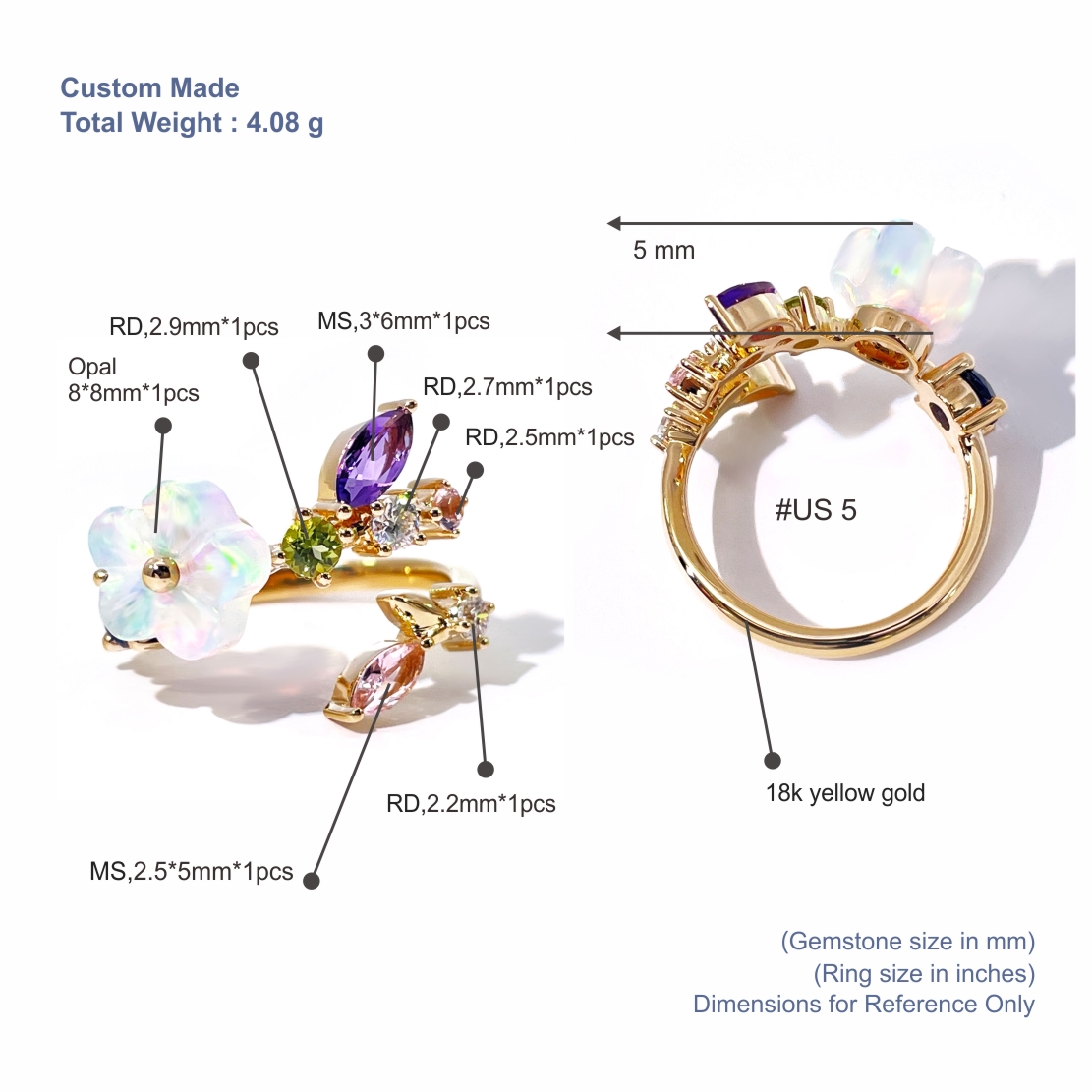 Anel de flor com opala sintética em ouro 18K | OEM e atacado | Tianyu Gems 10