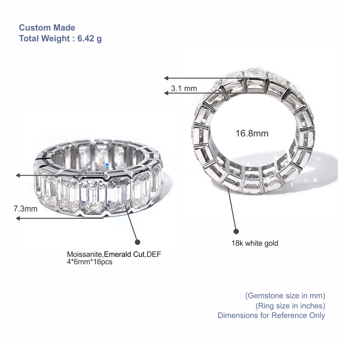 خاتم من الذهب الأبيض عيار 18 قيراطًا مرصع بحجر مويسانيت بقطع الزمرد | خاتم كامل مرصع بحجر عديم اللون 8
