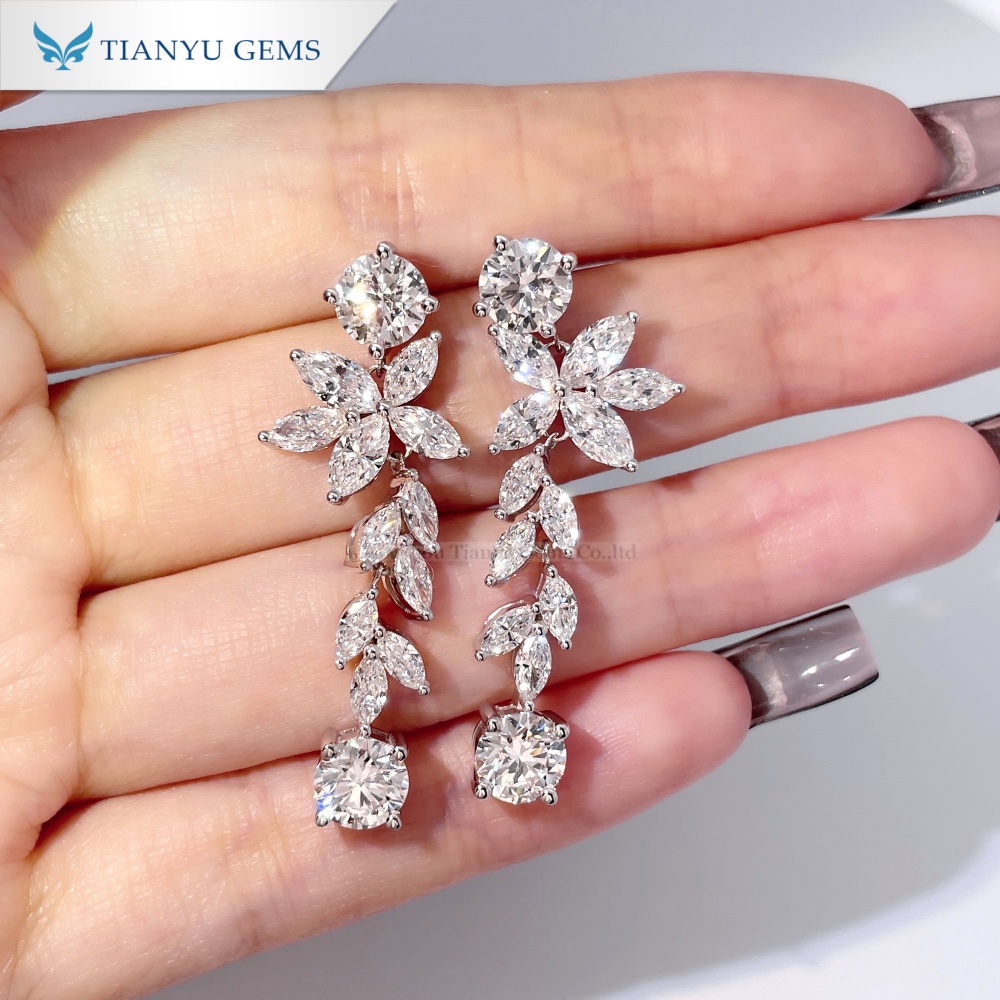 フローラルバインデザインのラボグロウンダイヤモンドドロップピアス（14Kホワイトゴールド製）｜DEFカラー、マーキーズカット＆ラウンドブリリアントカットのダングルダイヤモンド 6