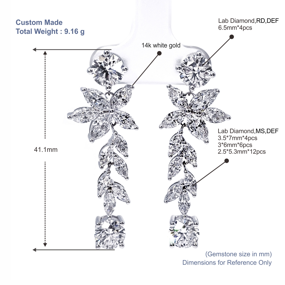 フローラルバインデザインのラボグロウンダイヤモンドドロップピアス（14Kホワイトゴールド製）｜DEFカラー、マーキーズカット＆ラウンドブリリアントカットのダングルダイヤモンド 8