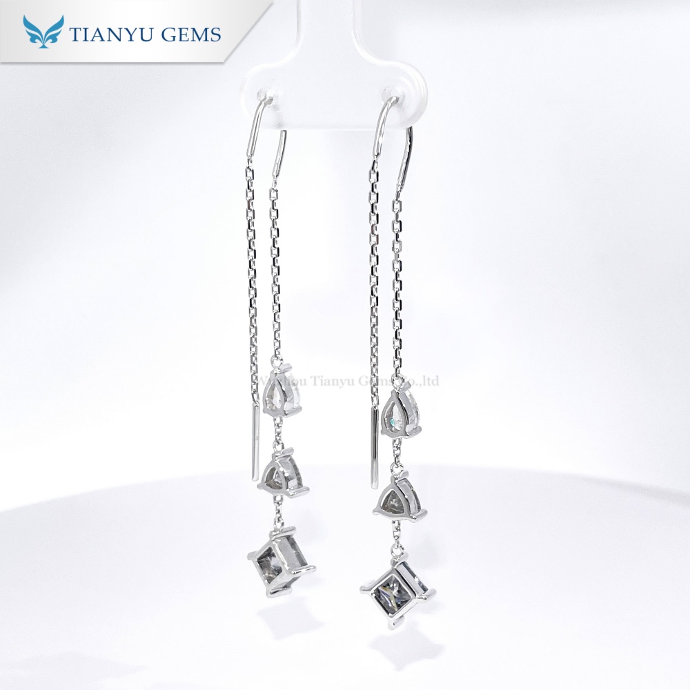 Anting-anting Emas Putih 14K Bentuk Geometris Beragam | Liontin Princess Abu-abu & Moissanite DEF 9