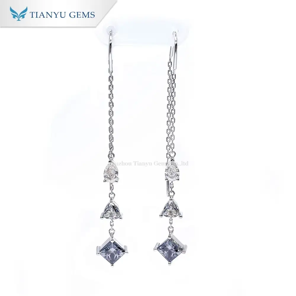 Anting-anting Emas Putih 14K Bentuk Geometris Beragam | Liontin Princess Abu-abu &amp; Moissanite DEF 1