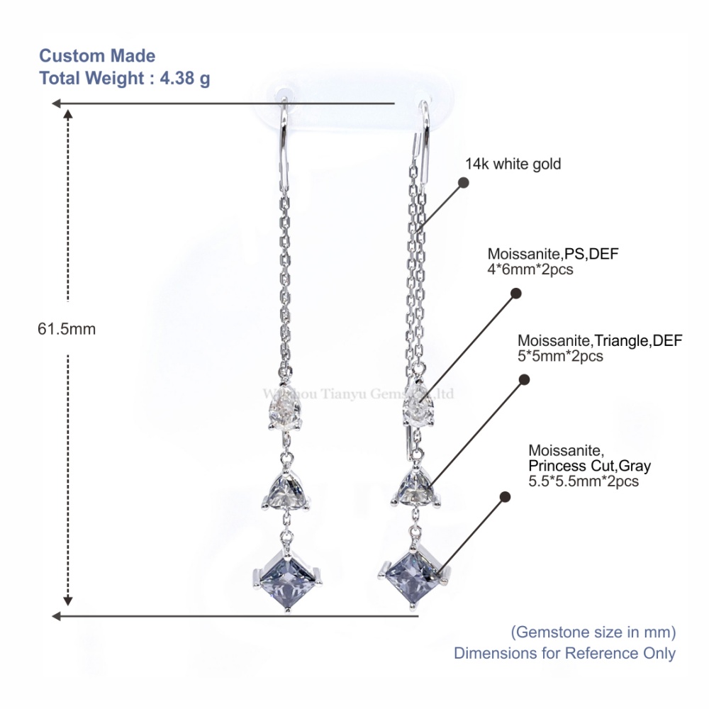 Anting-anting Emas Putih 14K Bentuk Geometris Beragam | Liontin Princess Abu-abu & Moissanite DEF 8
