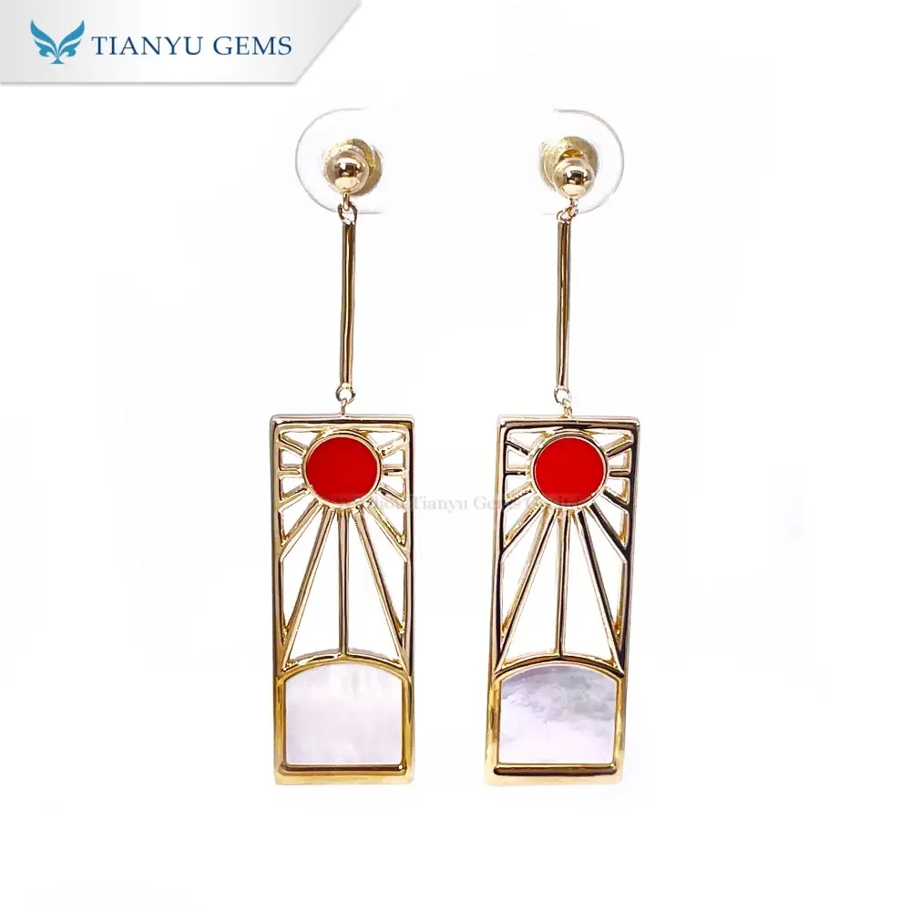 Custom Red Enamel Drop Earrings in 10K Yellow Gold with Pearl Oyster &amp; Mother of Pearl 1