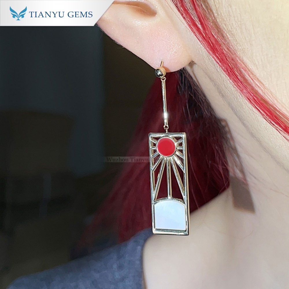 Custom Red Enamel Drop Earrings in 10K Yellow Gold with Pearl Oyster & Mother of Pearl 7