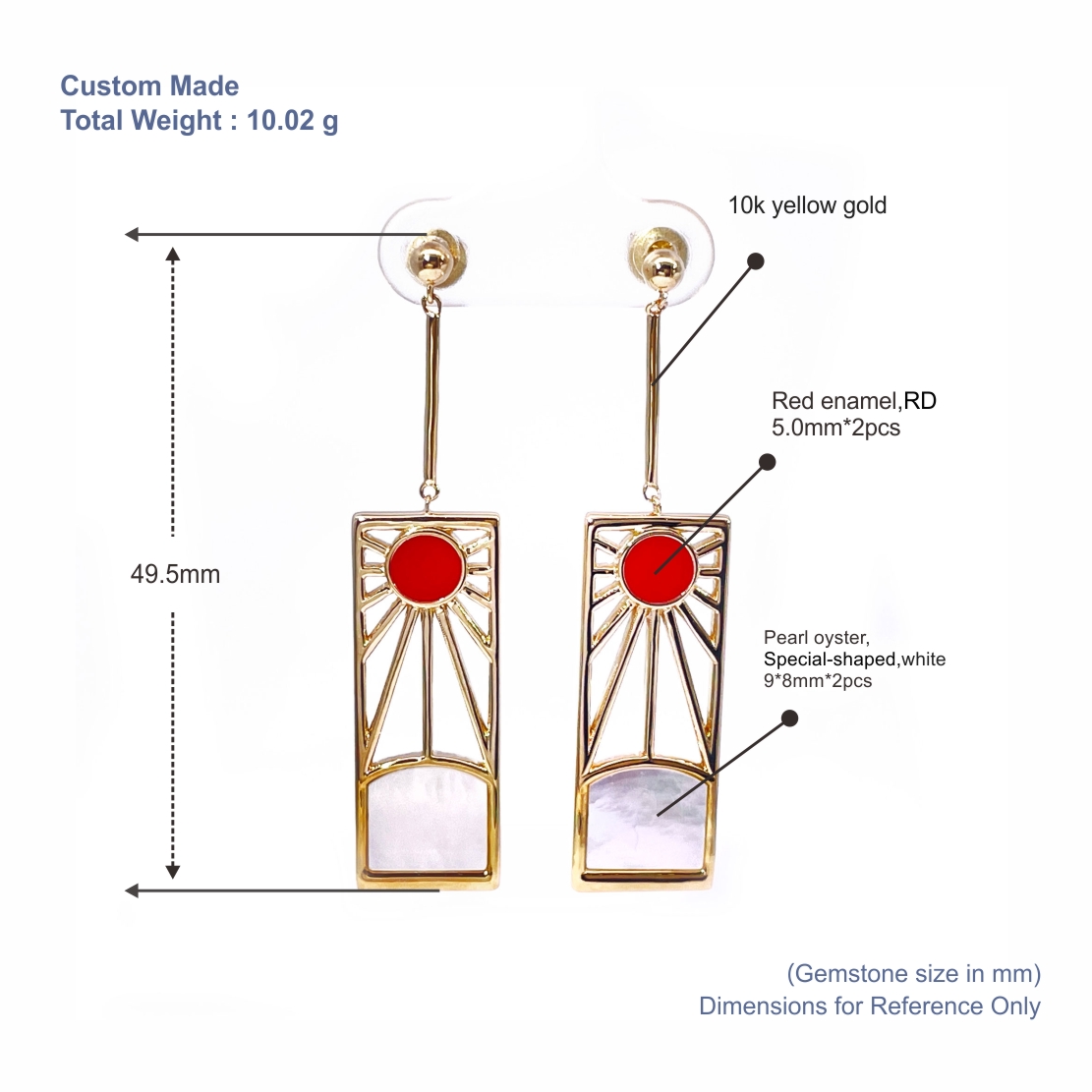 Custom Red Enamel Drop Earrings in 10K Yellow Gold with Pearl Oyster & Mother of Pearl 8