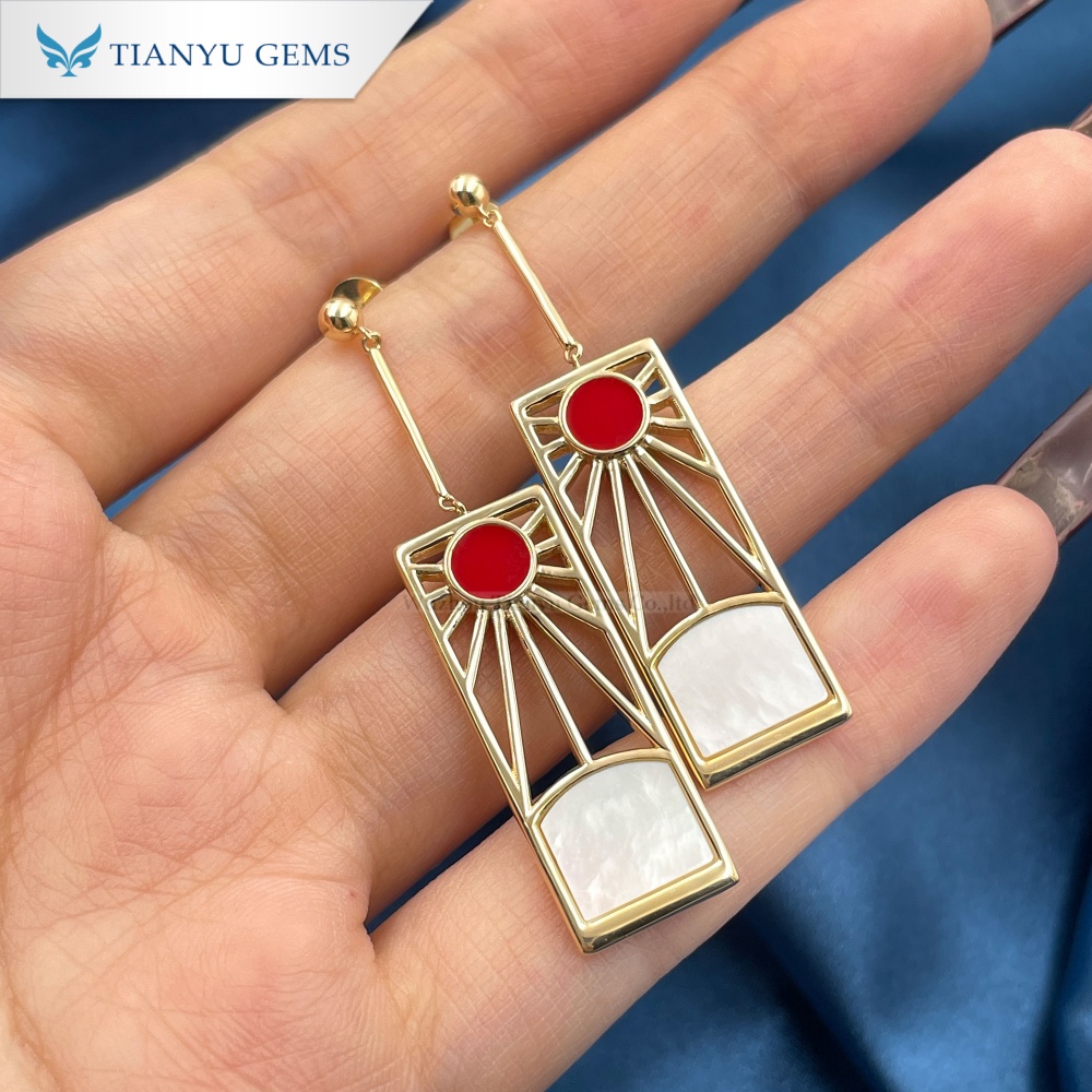 Custom Red Enamel Drop Earrings in 10K Yellow Gold with Pearl Oyster & Mother of Pearl 9