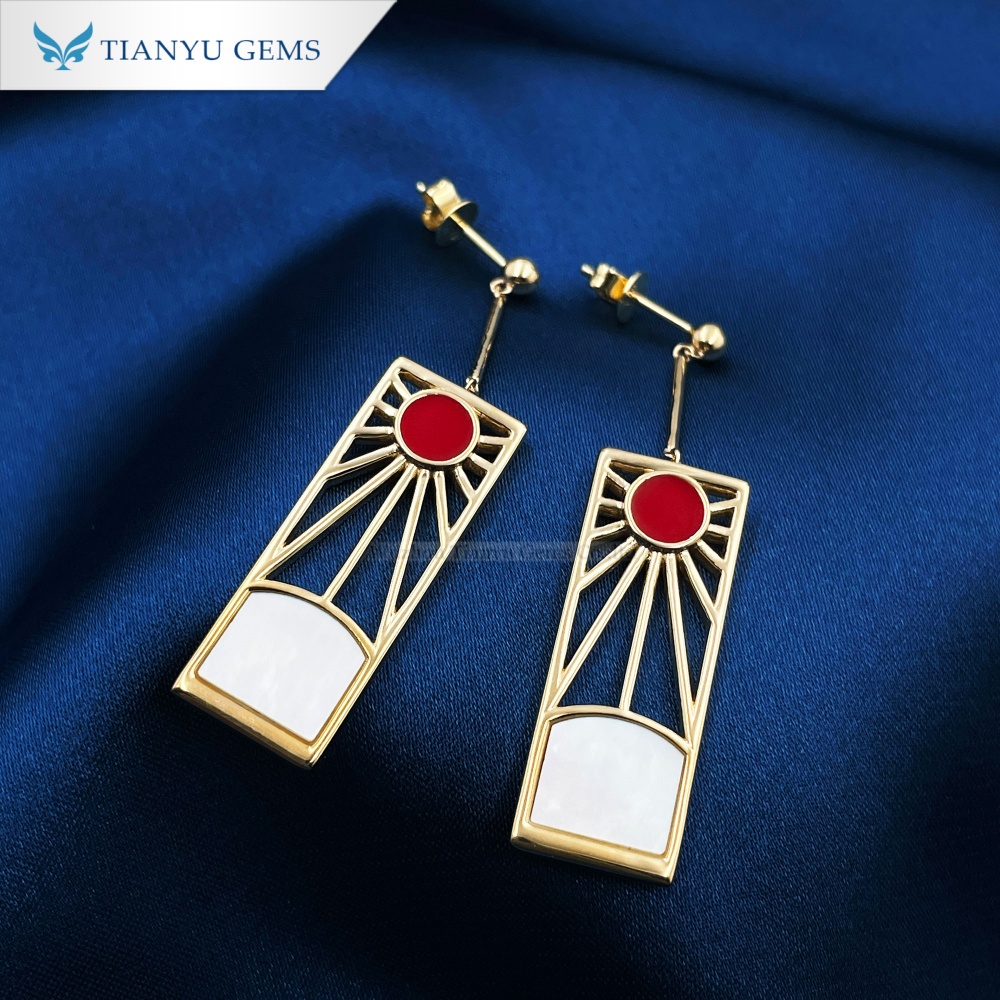 Custom Red Enamel Drop Earrings in 10K Yellow Gold with Pearl Oyster & Mother of Pearl 6