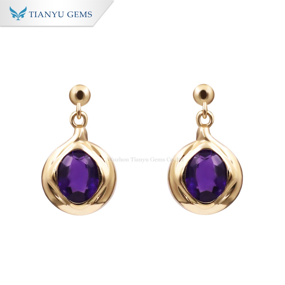 Boucles d'oreilles pendantes en or jaune 10 carats et saphir Ladenvert | Paillettes ovales violet royal 4 x 5 mm | Design sculptural en spirale 5