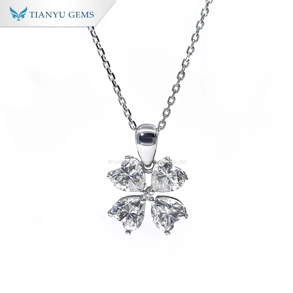 14K White Gold Moissanite Four-Leaf Clover Necklace | DEF Color Heart Cut Petals | Symbolic Lucky Pendant 1