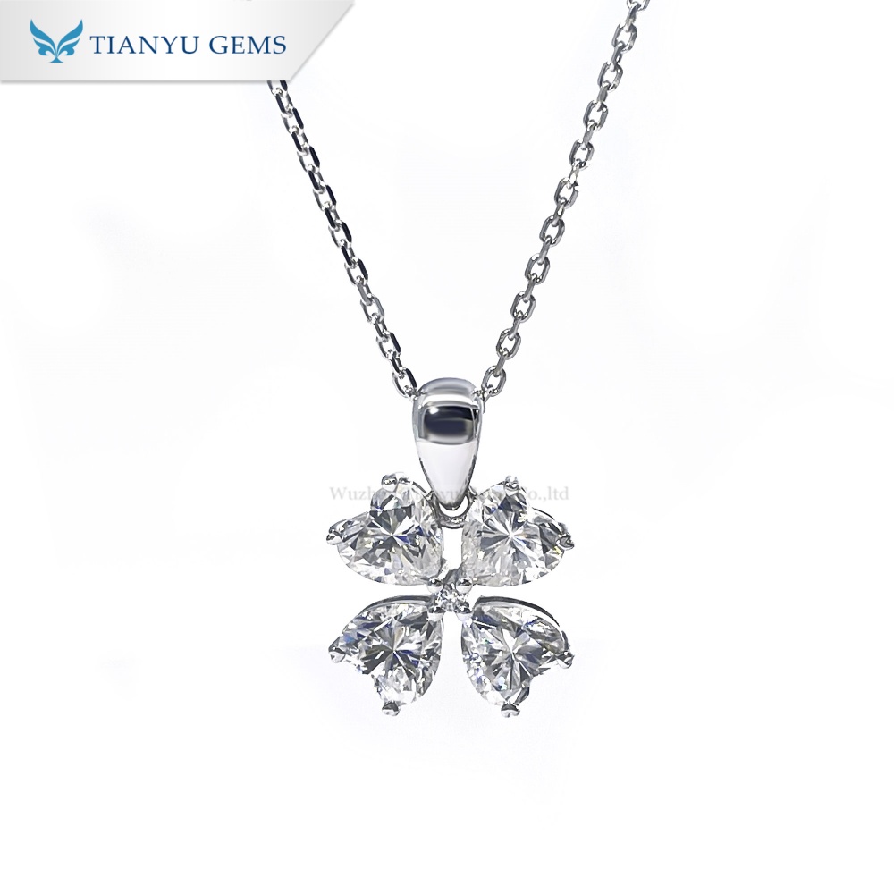 14K White Gold Moissanite Four-Leaf Clover Necklace | DEF Color Heart Cut Petals | Symbolic Lucky Pendant 5