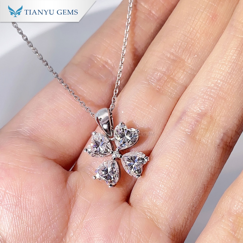 14K White Gold Moissanite Four-Leaf Clover Necklace | DEF Color Heart Cut Petals | Symbolic Lucky Pendant 7