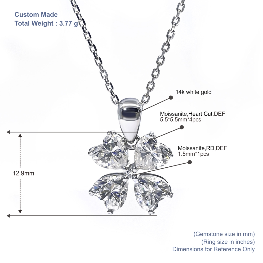14K White Gold Moissanite Four-Leaf Clover Necklace | DEF Color Heart Cut Petals | Symbolic Lucky Pendant 8