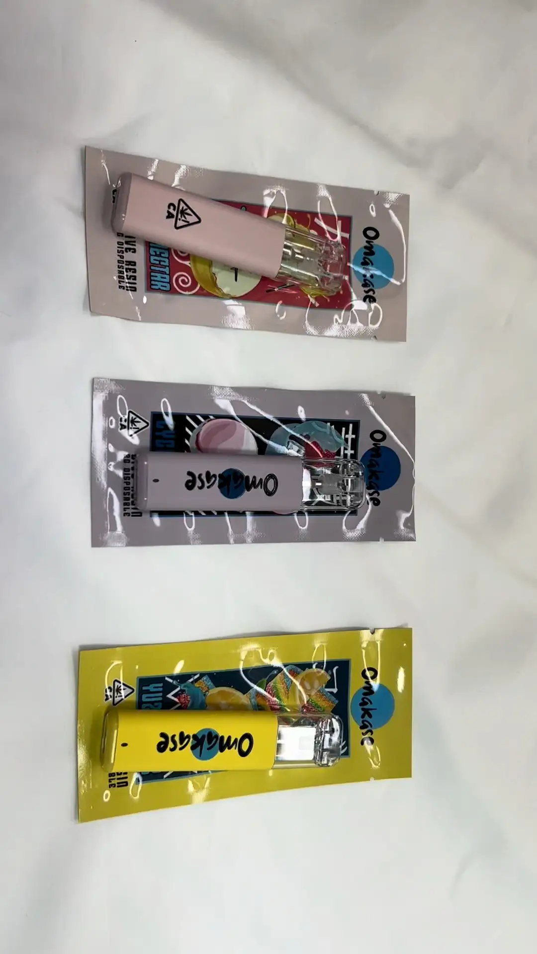 Custom Printed omakase Mylar Bags for 2g Disposable Vape Pens | Smell Proof & Moisture Proof Flexible Packaging | Live Resin Omakase Style with CA Warning Symbol | Wholesale Factory Direct 1