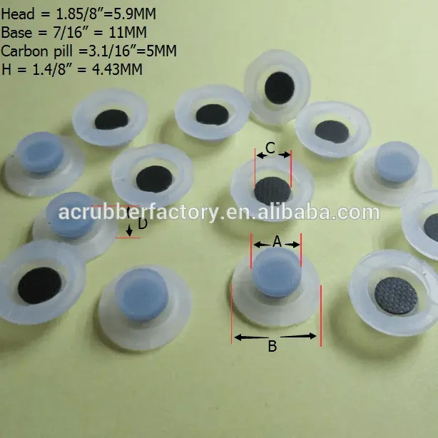 Head 1.85/8 Base 7/16 conductive carbon pill 3.1/16 Height 1.4/8 single silicone button 1