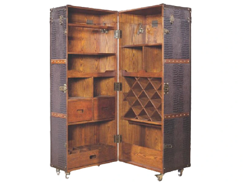 Wood Frame and Grain Vintage Leather Wine Cabinet 1