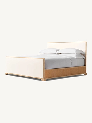 Faddish Style Wihte Fabric and Oak Solid Wood Bed Faddish Modern Style Bedroom Bed 1