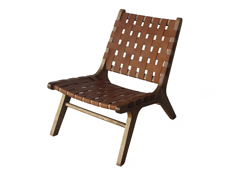 Solid Wood Frame Vintage Tan Woven Leather Chair 1