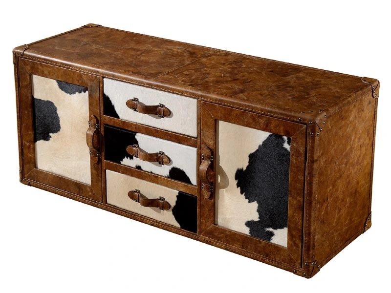Vintage Cowhide Leather TV Stand with Drawers 1