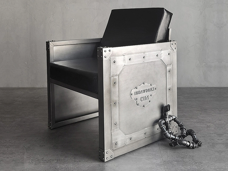 Black Leather Upholstered Industrial Metal Ironwork Single Sofa with Rivets 1