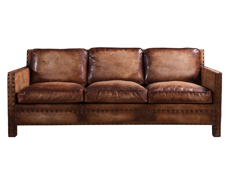 Vintage Leather 3S Sofa with Rivets 1