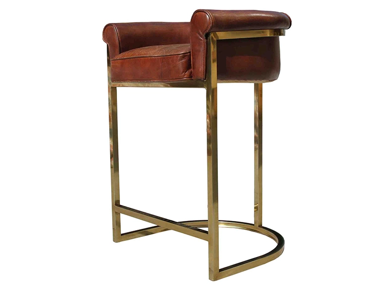 Wexler Brass Color Metal Frame Barrel Back Vintage Leather Stool 1