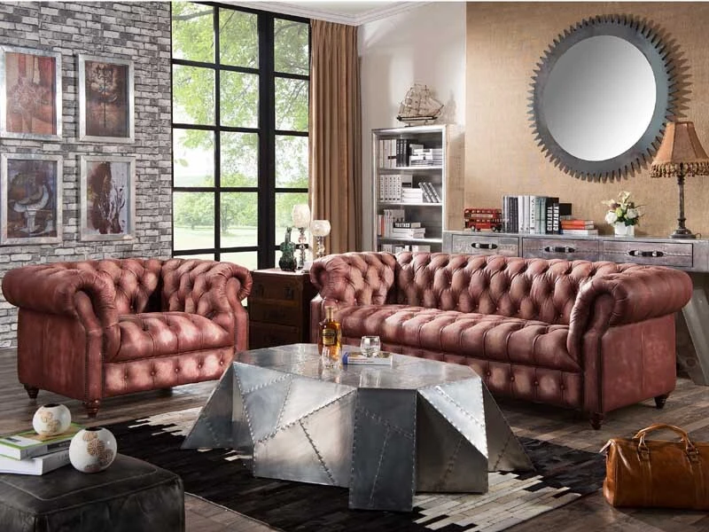 Antique Red OX Cow Leather Button Back Sofa 3S 1