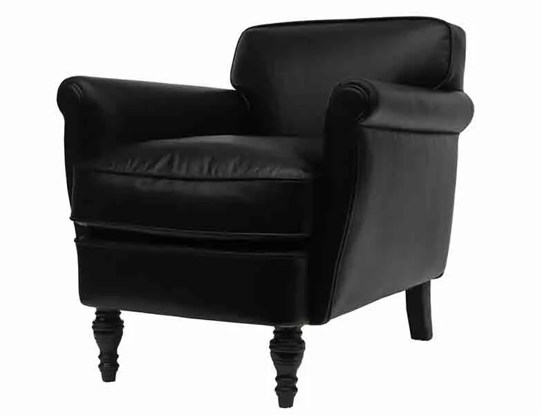 Vintage Black Leather Armchair with Solid Wood Legs 1