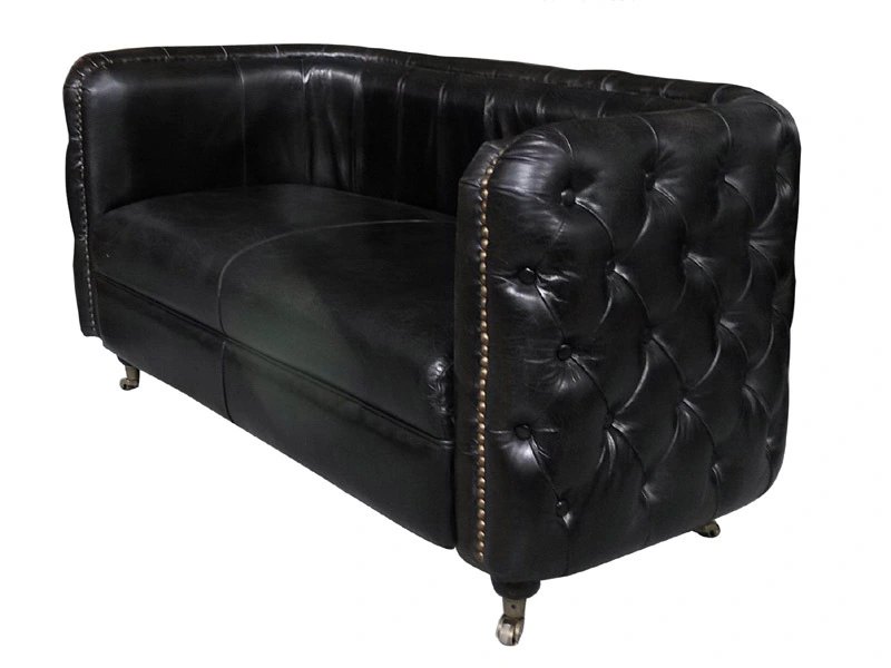 Tufted Button Side Black Vintage Leather Sofa with Nailheads 1