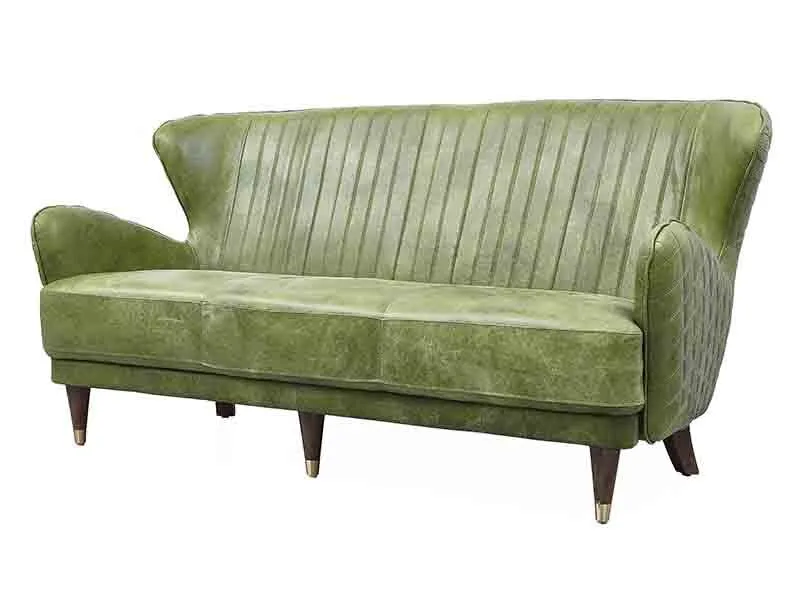 Mid-century Green Soft Leather Sofa 3S 1
