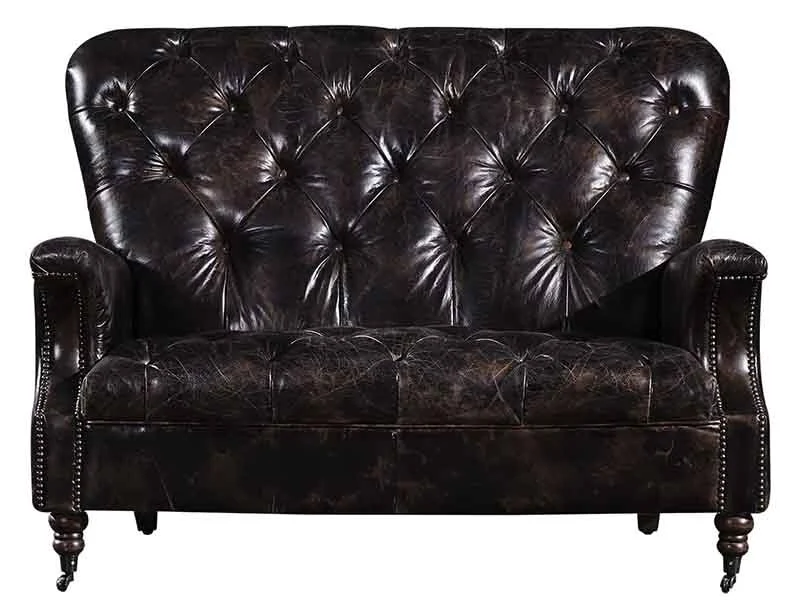 Tufted Back Black Vintage Leather Sofa 1