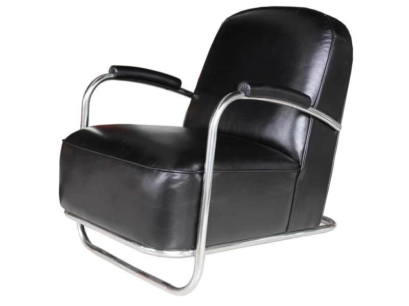 Metal Base Vintage Black Leather Armchair 1