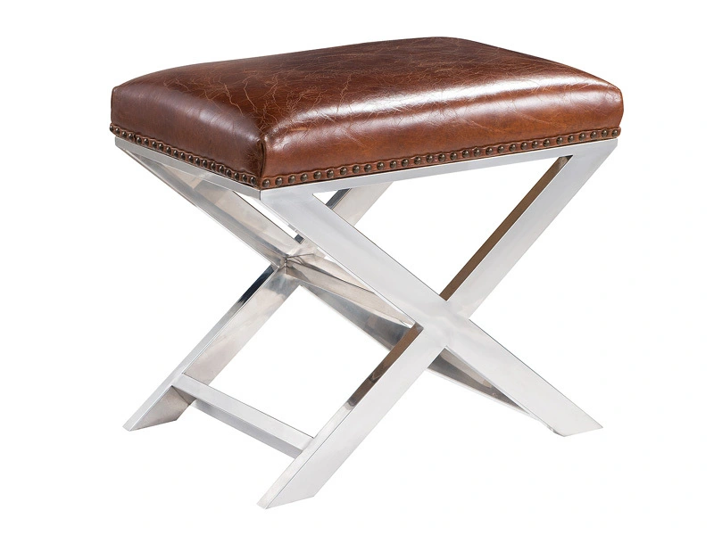 X Base Metal and Vintage Leather Ottoman 1