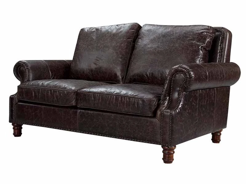 Roll Arm Black Antique Leather Love Seat Sofa 1