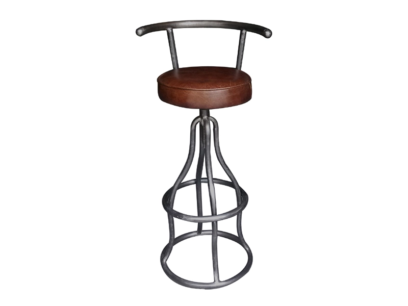 Antique Leather Rustic Base Round Seat Bar Stool 1