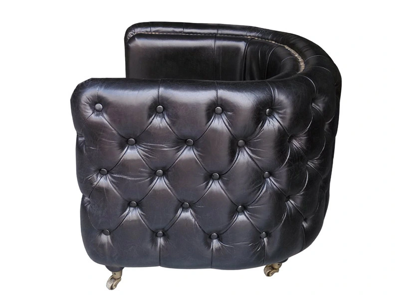 Tufted Button Side Black Vintage Leather Armchair with Wheels 1