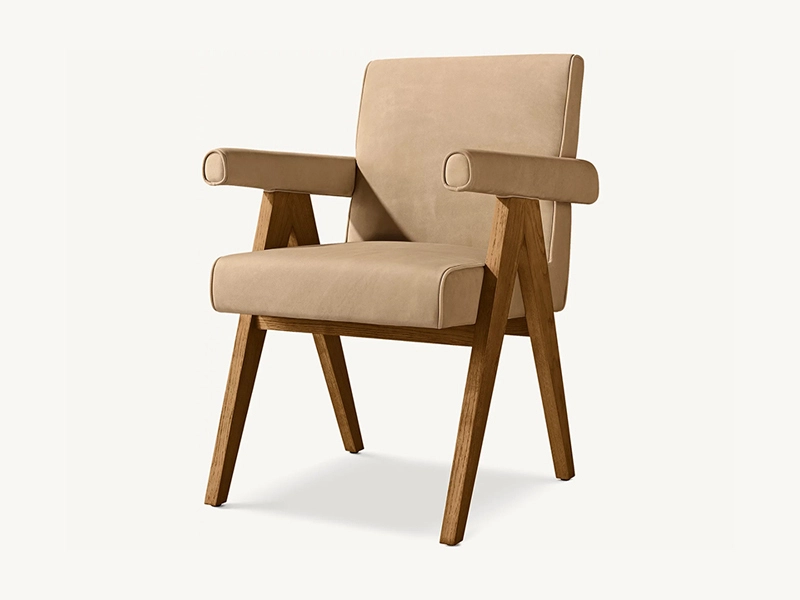 Modern Brown Oak Wood and Natural Fabric Dining Armchair Light Oak Solide Wood Dining Chair 1