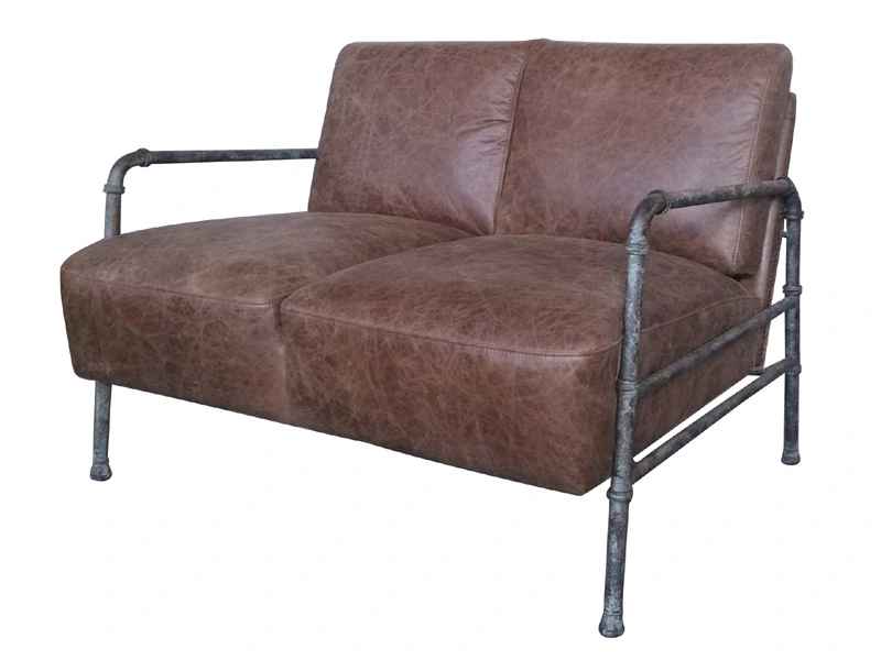 Tubular Steel Frame 2 Seater Sofa with Vintage Leather 1
