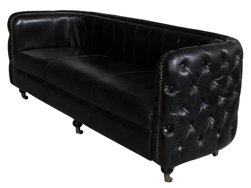 Tufted Button Side Black Vintage Leather Sofa with Nailheads1 1