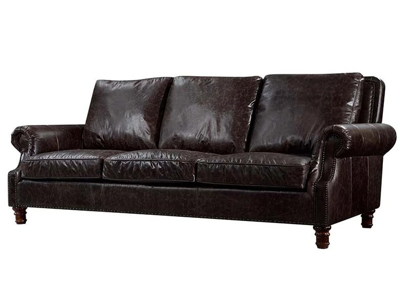Roll Arm Black Antique Leather  Sofa Set 1