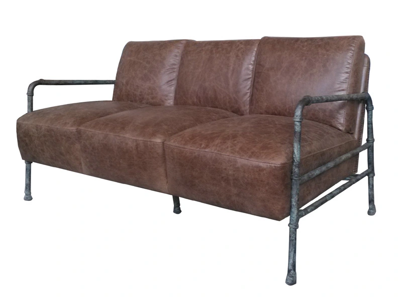 Tubular Steel Frame 3 Seater Sofa with Vintage Leather 1